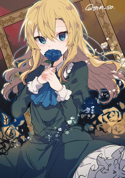 Anime picture 1000x1414 with ib (game) mary (ib) ikeuchi tanuma single long hair tall image looking at viewer fringe blue eyes blonde hair hair between eyes holding signed payot floating hair frilled dress covered mouth empty picture frame girl dress