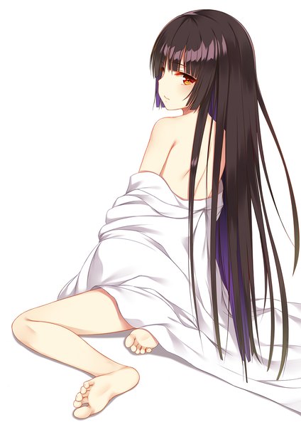 Anime picture 1200x1697 with hell girl studio deen enma ai flan (seeyouflan) single tall image looking at viewer fringe light erotic black hair simple background white background sitting bare shoulders full body blunt bangs looking back barefoot off shoulder from below
