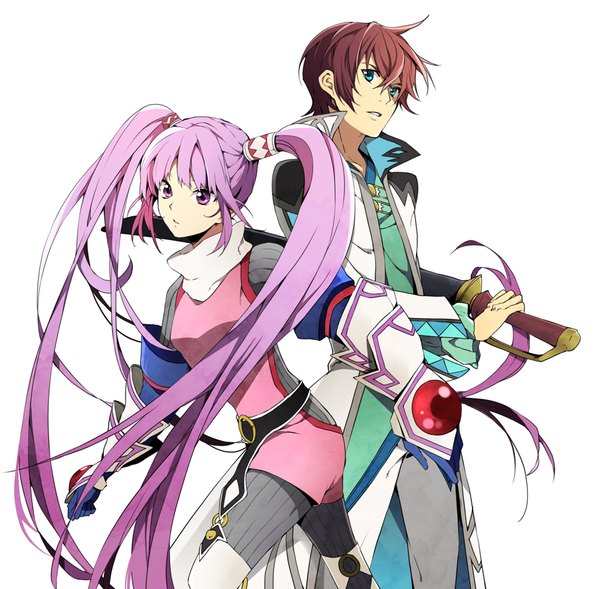 Anime picture 932x916 with tales of (series) tales of graces sophie (tales) asbel lhant yuzumame looking at viewer fringe short hair simple background brown hair white background purple eyes twintails looking away purple hair very long hair aqua eyes girl boy hair ornament