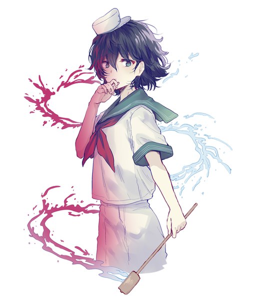 Anime picture 1200x1389 with touhou murasa minamitsu uranaishi (miraura) single tall image fringe short hair black hair simple background hair between eyes standing white background green eyes looking away hand to mouth girl hat sailor suit mini hat