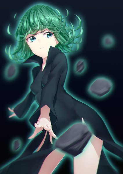Anime picture 707x1000 with one-punch man madhouse tatsumaki kai (link2262) single tall image looking at viewer short hair green eyes green hair glowing dark background girl dress black dress stone (stones)