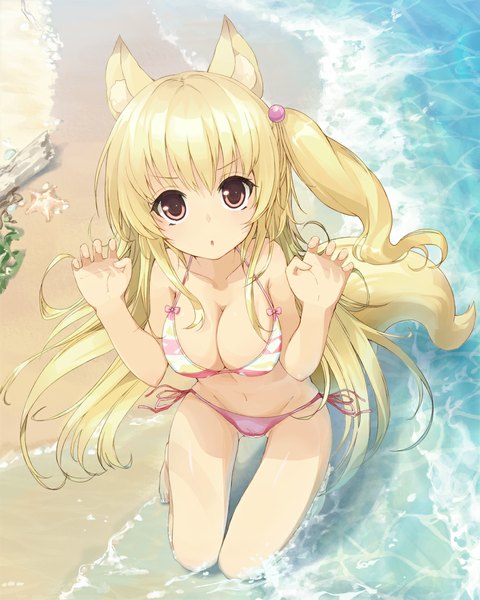 Anime picture 900x1125 with original kou mashiro shokochi single long hair tall image looking at viewer fringe breasts open mouth light erotic blonde hair red eyes sitting animal ears tail animal tail from above :o fox ears