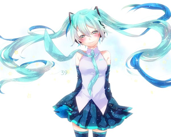 イラスト 1250x1000 と ボーカロイド 初音ミク ソロ 長髪 カメラ目線 赤面 simple background 立つ ツインテール long sleeves aqua eyes aqua hair 絶対領域 女の子 ストッキング スカート 手袋 袖だけ シャツ ネクタイ