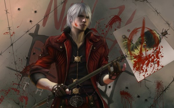 Anime picture 1920x1200 with devil may cry dante (devil may cry) zetsuai89 single highres short hair blue eyes black hair wide image white hair realistic inscription twisty sleeves boy gloves belt blood chain cloak barbed wire
