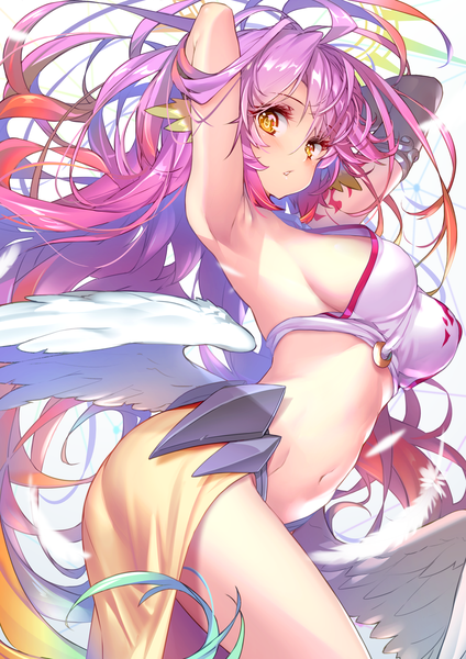 Anime picture 2894x4093 with no game no life madhouse jibril (no game no life) hong (white spider) single tall image looking at viewer blush fringe highres breasts light erotic simple background hair between eyes large breasts yellow eyes pink hair very long hair parted lips multicolored hair