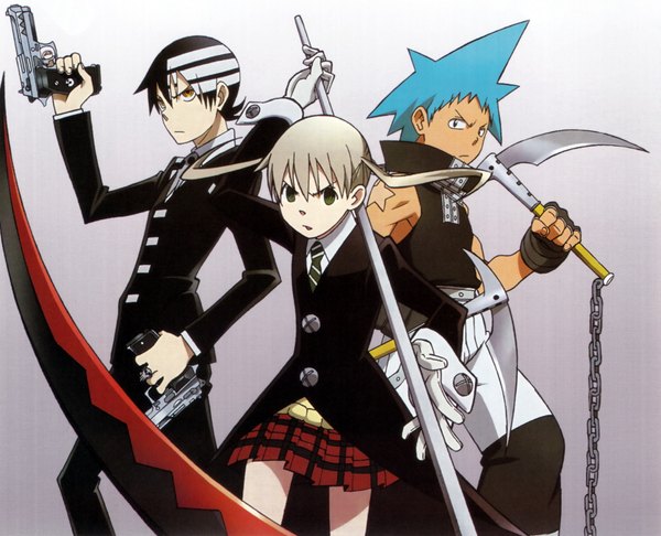 Anime picture 3450x2800 with soul eater studio bones maka albarn soul eater evans death the kid black star nakatsukasa tsubaki elizabeth thompson patricia thompson highres short hair black hair blonde hair simple background green eyes blue hair absurdres multicolored hair grey background two-tone hair