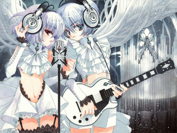 Anime picture 1600x1200 with original rami short hair blue eyes blonde hair red eyes silver hair music band girl boy navel headphones cloak microphone musical instrument wire (wires) guitar