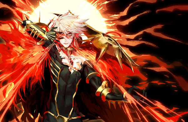 Anime picture 2397x1562 with fate (series) fate/grand order karna (fate) daeraeband single looking at viewer fringe highres short hair hair between eyes upper body white hair arm up heterochromia boy sun single earring spikes
