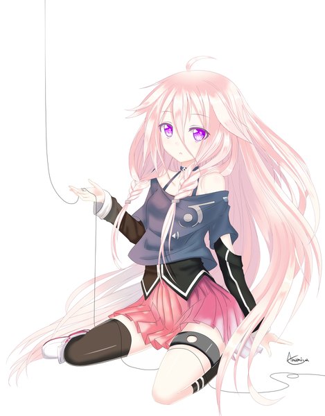 Anime picture 939x1200 with vocaloid ia (vocaloid) amamiya (artist) single tall image looking at viewer sitting purple eyes bare shoulders signed pink hair ahoge bent knee (knees) braid (braids) very long hair parted lips pleated skirt twin braids outstretched arm girl