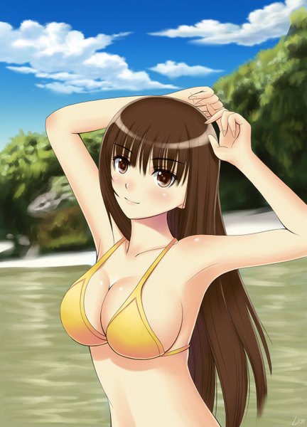 Anime picture 2125x2952 with original xiao lian single long hair tall image looking at viewer blush highres breasts light erotic brown hair brown eyes sky cloud (clouds) light smile girl swimsuit bikini