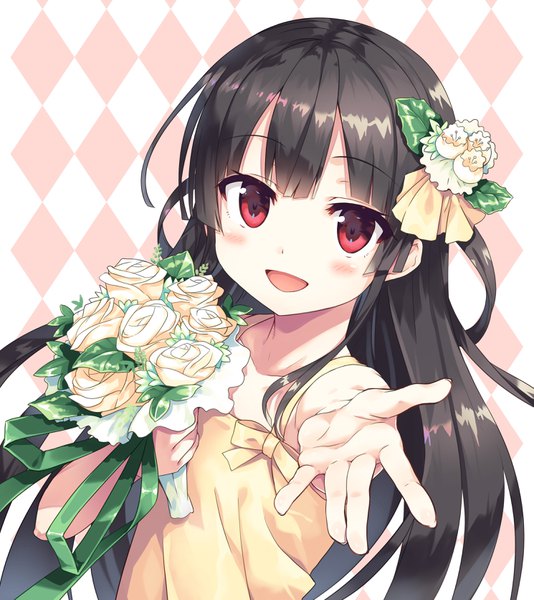 Anime picture 2977x3343 with maitetsu hachiroku (maitetsu) cura single long hair tall image looking at viewer blush fringe highres open mouth black hair simple background smile red eyes holding :d hair flower loli outstretched hand