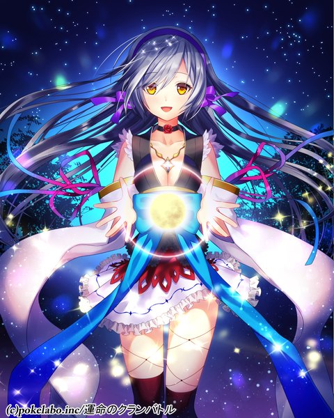 Anime picture 800x1000 with fuji minako single long hair tall image looking at viewer open mouth yellow eyes grey hair night magic girl thighhighs dress black thighhighs detached sleeves hairband