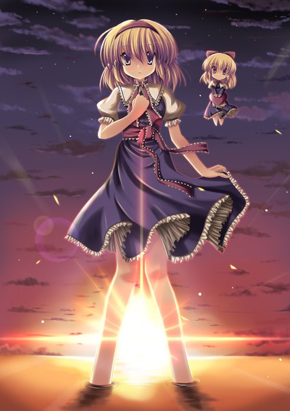 Anime picture 3307x4677 with touhou alice margatroid shirakawako single tall image highres short hair blue eyes blonde hair absurdres sky cloud (clouds) evening sunset girl dress hairband doll (dolls)