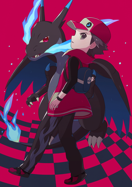 Anime picture 2625x3705 with pokemon nintendo red (pokemon) charizard mega charizard x serihara single tall image looking at viewer highres short hair simple background brown hair standing brown eyes full body parted lips profile open jacket red background