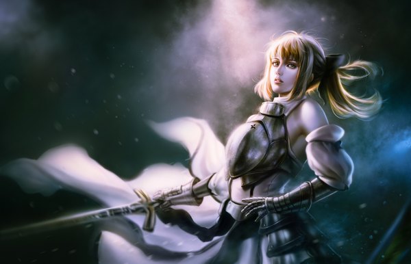 Anime picture 2300x1483 with fate (series) fate/unlimited codes type-moon artoria pendragon (all) saber lily bita (vaderc) single long hair looking at viewer highres blonde hair holding green eyes ponytail wind realistic girl gloves ribbon (ribbons) bow