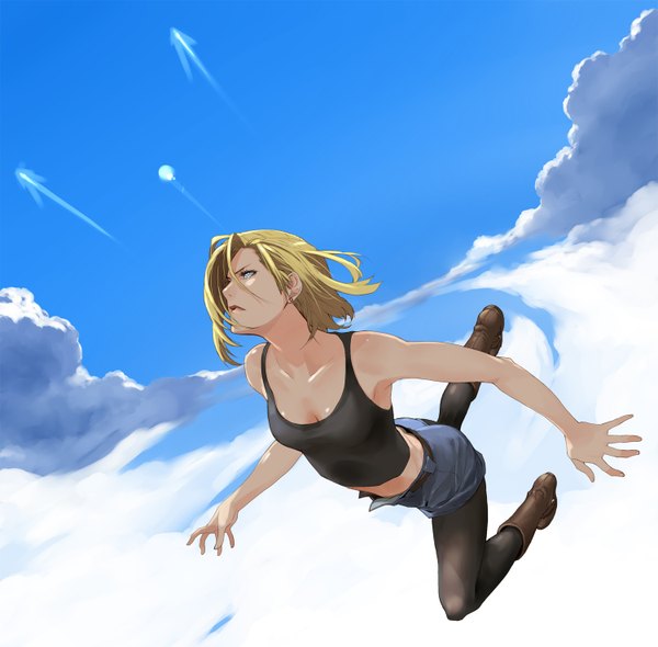 Anime picture 1500x1476 with dragon ball dragon ball z android 18 enami katsumi single short hair blue eyes blonde hair bare shoulders sky cloud (clouds) piercing flying girl pantyhose shorts belt thigh boots tank top