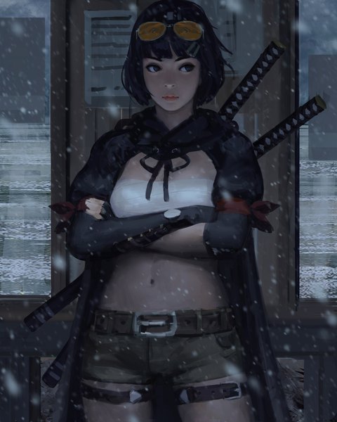Anime picture 3277x4096 with original guweiz single tall image fringe highres short hair breasts black hair standing payot looking away absurdres blunt bangs wind lips black eyes realistic midriff puffy sleeves