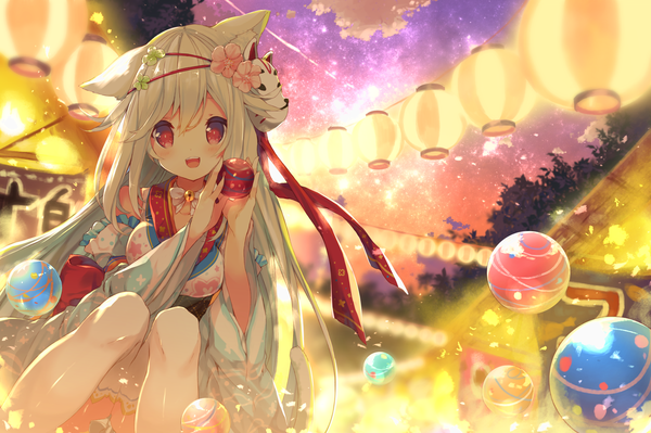 Anime picture 3000x1999 with original p19 single long hair looking at viewer blush fringe highres open mouth smile hair between eyes red eyes sitting holding animal ears silver hair bent knee (knees) outdoors tail traditional clothes