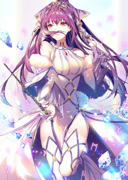 Anime picture 755x1057 with fate (series) fate/grand order scathach (fate) (all) scathach skadi (fate) kinokohime single long hair tall image fringe light erotic hair between eyes red eyes looking away purple hair ponytail light smile fur trim girl thighhighs dress
