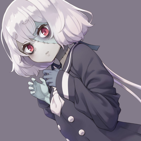Anime picture 1000x1000 with zombie land saga mappa konno junko mochi (mochi444420) single long hair looking at viewer fringe simple background red eyes twintails silver hair upper body grey background low twintails double buttons grey skin zombie girl uniform