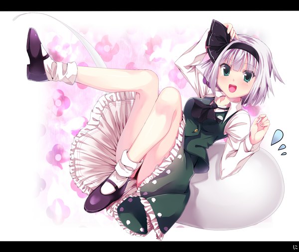 Anime picture 4091x3440 with touhou konpaku youmu myon niwashi (yuyu) looking at viewer highres short hair open mouth light erotic smile white background green eyes absurdres silver hair long sleeves :d thighs letterboxed frilly skirt legs up