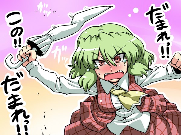Anime picture 1600x1200 with touhou kazami yuuka tsuki wani single looking at viewer blush fringe short hair open mouth hair between eyes holding upper body long sleeves pink eyes arm up green hair embarrassed tears crying angry