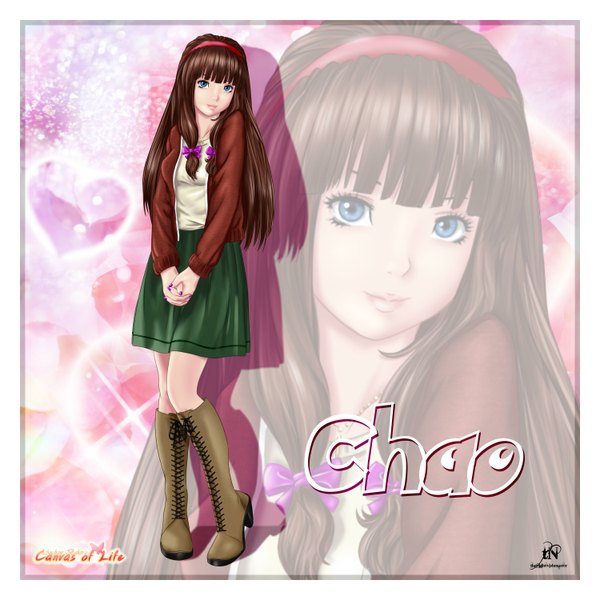Anime picture 3000x3000 with canvas of life (manga) chao (canvas of life) thenightwishmaster single long hair looking at viewer highres blue eyes brown hair bent knee (knees) lips character names lacing girl skirt bow hair bow choker boots hairband