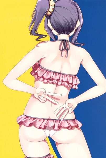 Anime picture 1500x2223 with harukana receive ooshiro akari nyoijizai single long hair tall image light erotic black hair simple background bare shoulders payot ass from behind scan official art back side ponytail skindentation hands behind back halterneck