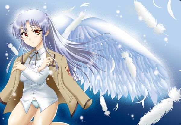 Anime picture 1188x822 with angel beats! key (studio) tachibana kanade light erotic pantyshot girl wings serafuku feather (feathers)