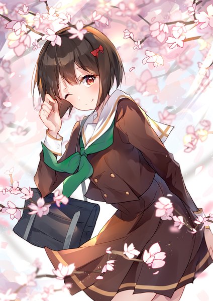 Anime picture 2480x3508 with hibike! euphonium kyoto animation hisaishi kanade kaga mi single tall image looking at viewer highres short hair red eyes brown hair outdoors one eye closed leaning leaning forward cherry blossoms spring girl skirt uniform