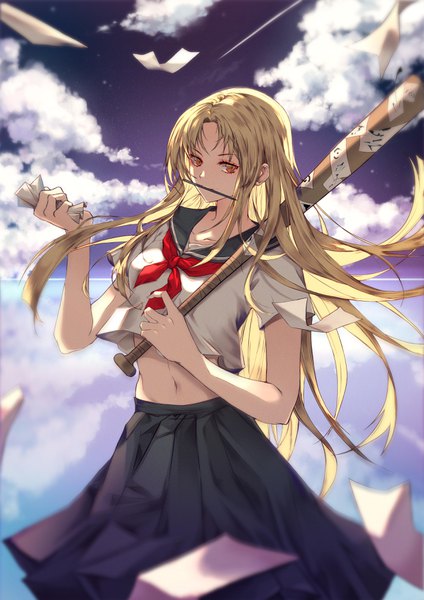 Anime picture 2480x3508 with natsume yuujinchou brains base (studio) natsume reiko chicken (dalg-idalg) single long hair tall image looking at viewer highres blonde hair holding brown eyes sky cloud (clouds) midriff mouth hold horizon girl navel uniform