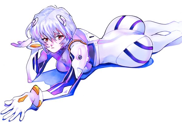 Anime picture 1533x1025 with neon genesis evangelion gainax ayanami rei arutera single blush short hair light erotic simple background red eyes white background purple hair ass lying girl bodysuit pilot suit