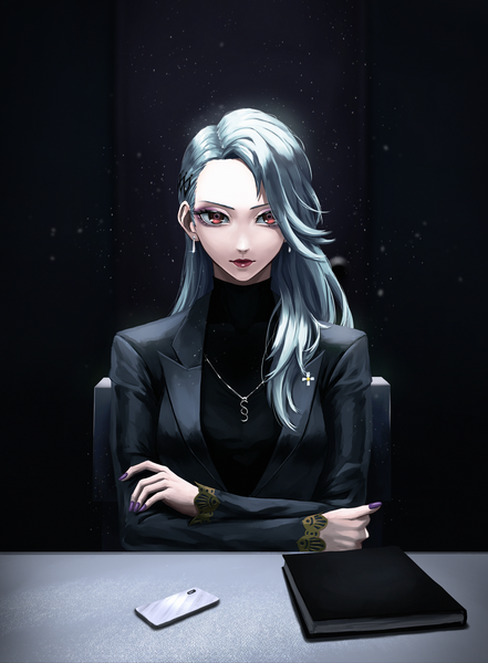 Anime picture 2500x3400 with persona 5 persona niijima sae kyonamu single long hair tall image looking at viewer fringe highres simple background red eyes sitting upper body long sleeves nail polish fingernails lips grey hair sparkle