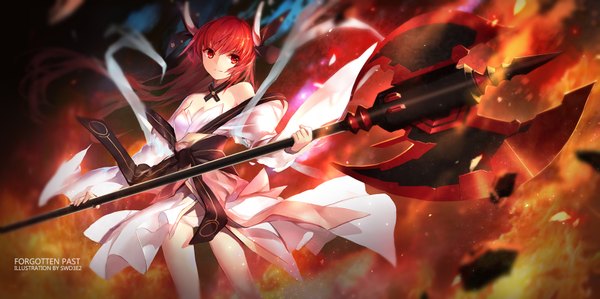 Anime picture 1701x850 with date a live itsuka kotori swd3e2 single long hair looking at viewer highres red eyes wide image red hair girl dress hair ornament weapon fire