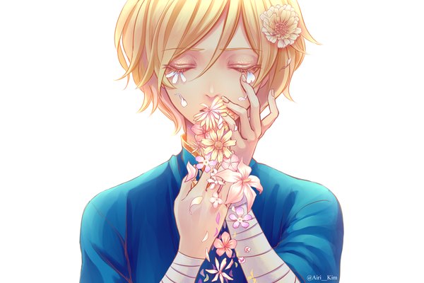 Anime picture 1800x1200 with original yuari kim single fringe highres short hair simple background blonde hair hair between eyes white background holding signed upper body eyes closed hair flower twitter username eyeshadow covered mouth girl flower (flowers)