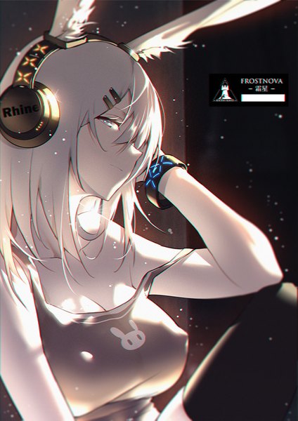 Anime picture 636x900 with arknights frostnova (arknights) xion32 single long hair tall image looking at viewer fringe breasts light erotic large breasts sitting animal ears cleavage upper body bent knee (knees) head tilt profile arm up grey hair