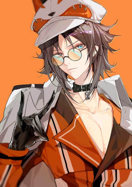 Anime picture 1000x1415 with virtual youtuber nijisanji nijisanji en mysta rias indai (3330425) single tall image looking at viewer short hair blue eyes simple background brown hair upper body clothes on shoulders orange background fox shadow puppet boy gloves hat black gloves
