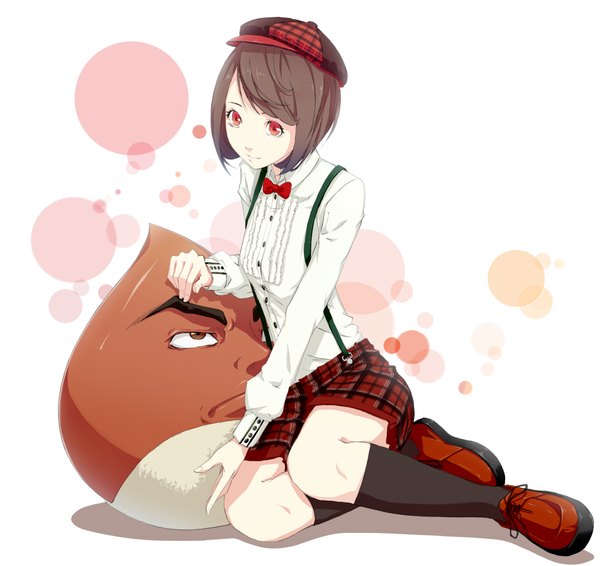 Anime picture 1000x944 with original sousou (sousouworks) looking at viewer short hair simple background red eyes brown hair white background sitting full body light smile plaid girl shirt socks shorts white shirt bowtie black socks flat cap