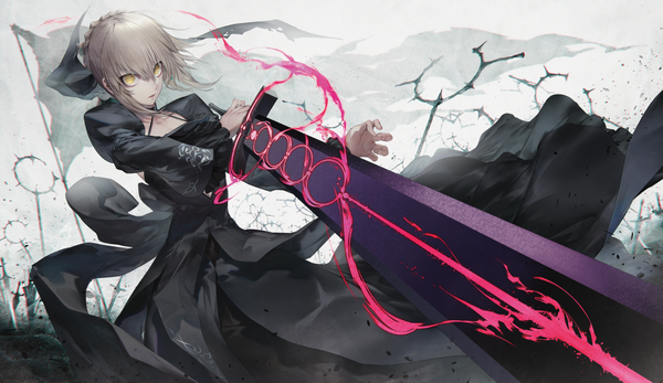 Anime picture 1203x697 with fate (series) fate/stay night artoria pendragon (all) saber alter kodama (wa-ka-me) single fringe short hair blonde hair hair between eyes wide image yellow eyes fighting stance lolita fashion goth-loli girl dress ribbon (ribbons) weapon hair ribbon