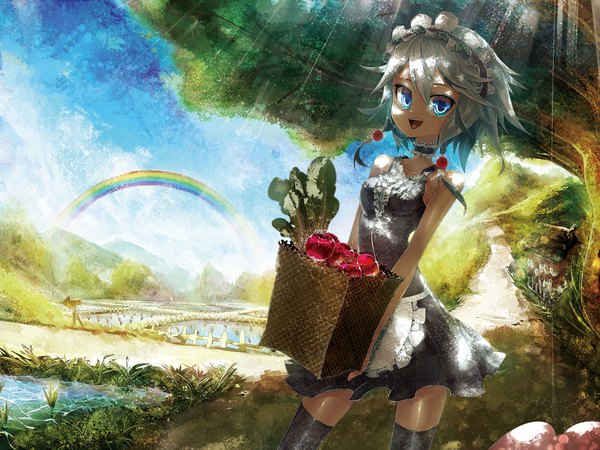 Anime picture 1500x1125 with touhou izayoi sakuya kusakanmuri single looking at viewer short hair open mouth blue eyes bare shoulders sky silver hair sunlight maid mountain girl thighhighs black thighhighs plant (plants) tree (trees) headdress