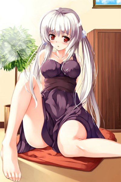 Anime picture 667x1000 with original asagi jun single long hair tall image looking at viewer blush light erotic red eyes twintails white hair barefoot bare legs legs girl dress