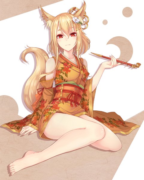 Anime picture 800x996 with original nakaichi (ridil) single tall image looking at viewer fringe short hair blonde hair hair between eyes red eyes sitting bare shoulders holding animal ears payot full body tail animal tail barefoot hair flower