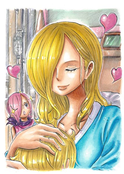 Anime picture 832x1170 with one piece toei animation sanji vinsmoke reiju vinsmoke sora stt0tr long hair tall image fringe short hair blonde hair multiple girls pink hair eyes closed hair over one eye :o mother and daughter mother and son oda eiichirou (style) girl