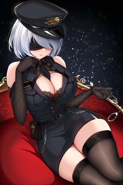 Anime picture 4000x6000 with nier nier:automata yorha no. 2 type b nekoda (maoda) single tall image blush highres short hair breasts light erotic smile large breasts sitting bare shoulders absurdres cleavage silver hair bent knee (knees) mole