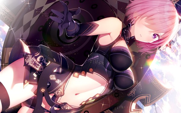 Anime picture 1680x1050 with fate (series) fate/grand order mash kyrielight atha (leejuiping) single looking at viewer blush fringe short hair breasts light erotic standing purple eyes bare shoulders pink hair sunlight hair over one eye bare belly sparkle outstretched hand