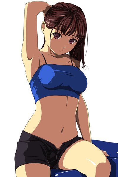 Anime picture 800x1200 with original matsunaga kouyou single long hair tall image looking at viewer simple background brown hair white background brown eyes armpit (armpits) arm behind head open shorts girl navel shorts short shorts