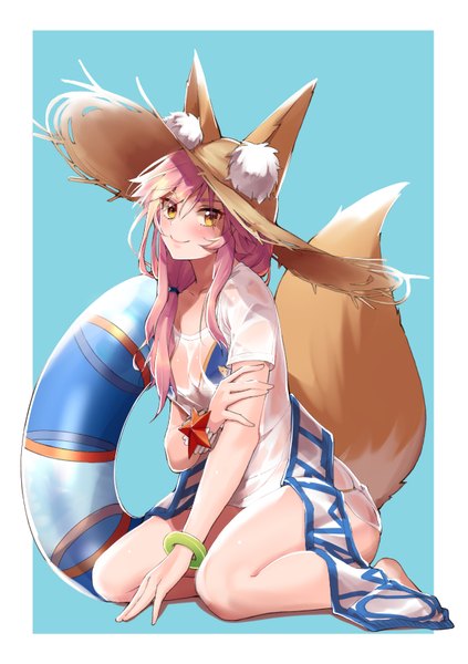 Anime picture 595x842 with fate (series) fate/grand order tamamo (fate) (all) tamamo no mae (swimsuit lancer) (fate) kemololi single long hair tall image looking at viewer blush fringe light erotic hair between eyes animal ears yellow eyes pink hair tail animal tail fox ears border