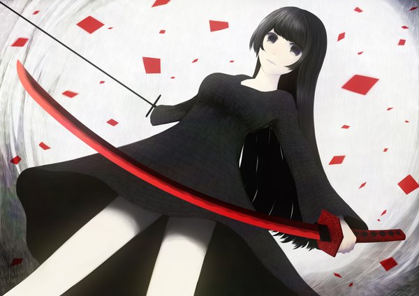 Anime picture 1800x1274 with original bounin single long hair looking at viewer highres black hair holding black eyes dual wielding girl dress weapon sword black dress