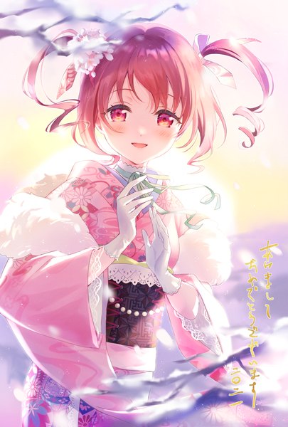 Anime picture 1102x1631 with original sakuro single tall image looking at viewer blush short hair open mouth red eyes twintails upper body red hair traditional clothes :d japanese clothes short twintails new year happy new year 2021 morning