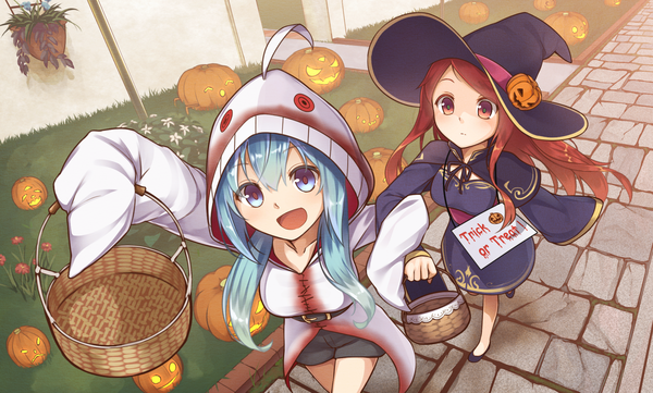 Anime picture 1942x1170 with original ninnzinn long hair looking at viewer highres open mouth blue eyes brown hair wide image multiple girls brown eyes ahoge long sleeves aqua hair halloween walking trick or treat girl flower (flowers) 2 girls